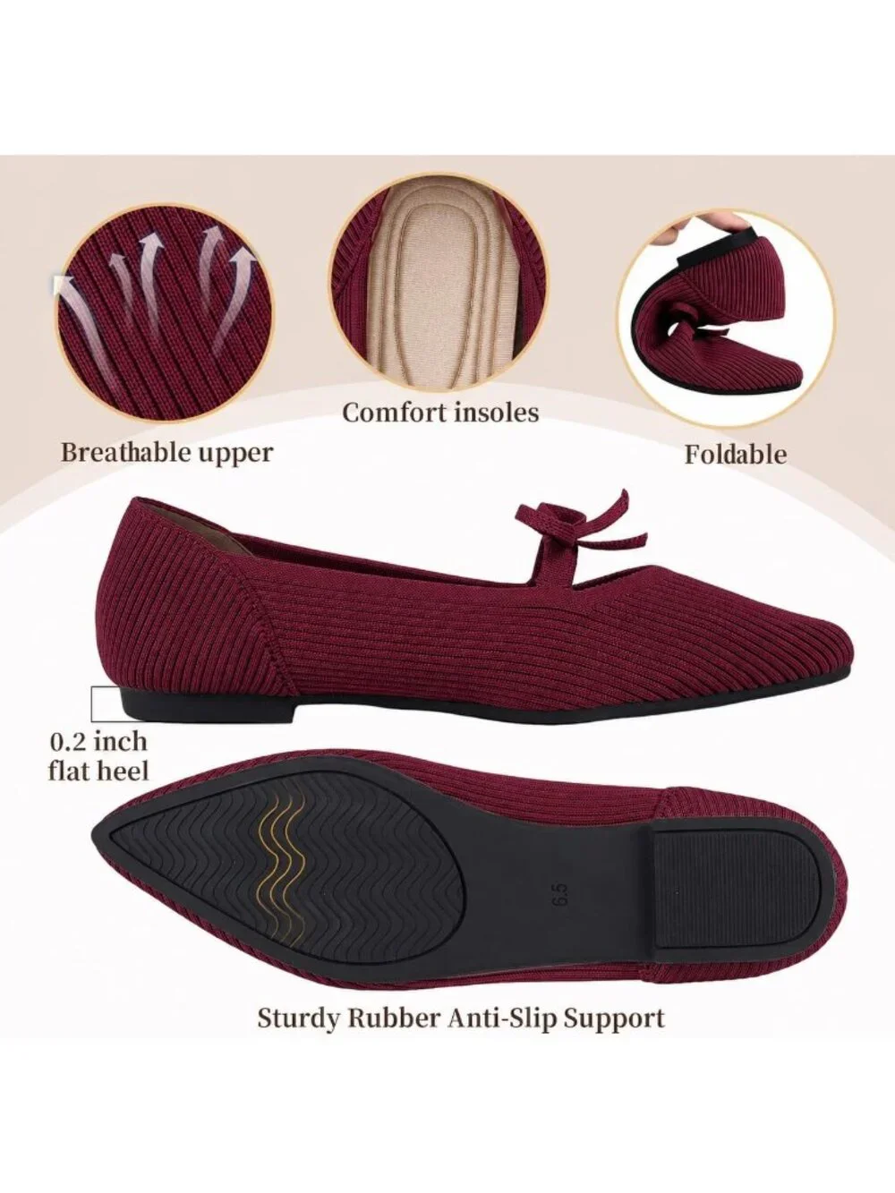 Women's Burgundy Pointed Toe Flats Comfortable Knit Ballet Shoes Washable Dressy